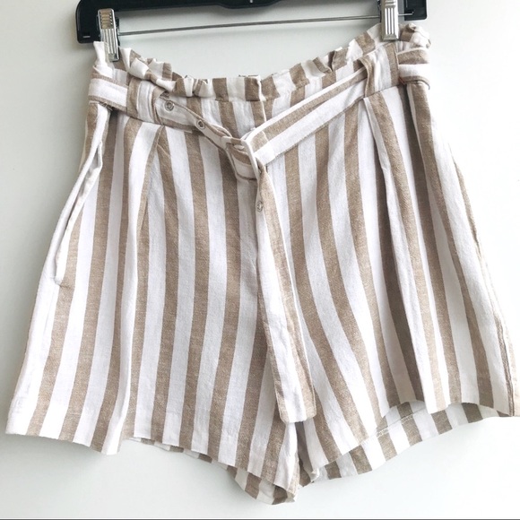 Stradivarius Paperbag Waist Striped Linen Shorts 8 - Picture 5 of 7